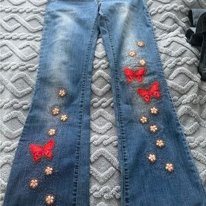 Elle Blue Jeans with Red Butterfly Embroidery Y2K